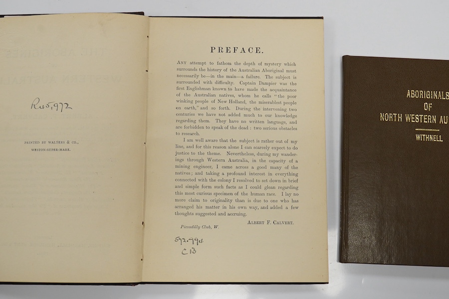 Calvert, Albert F. – The Aborigines of Western Australia, 1894, original cloth and Withnell, John G. - The Aboriginal Natives of North Western Australia, 1965 reprint, both Ex. Brighton Library with stamps (2)